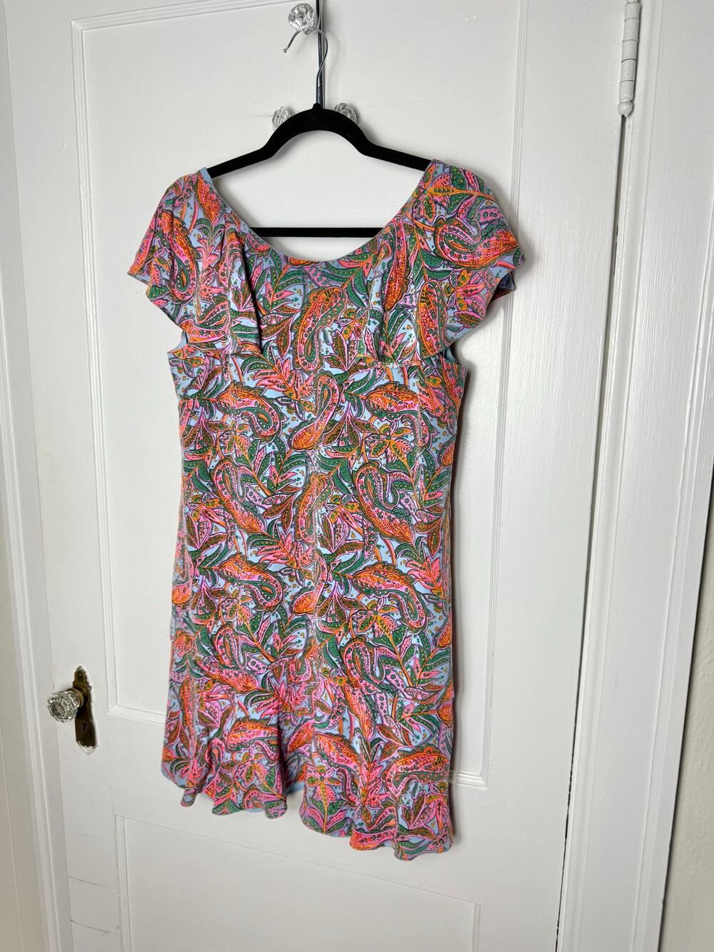 J. Crew Pink Blue 100% Silk Paisley Flutter Sleeve Short Vibrant Dress Size 8